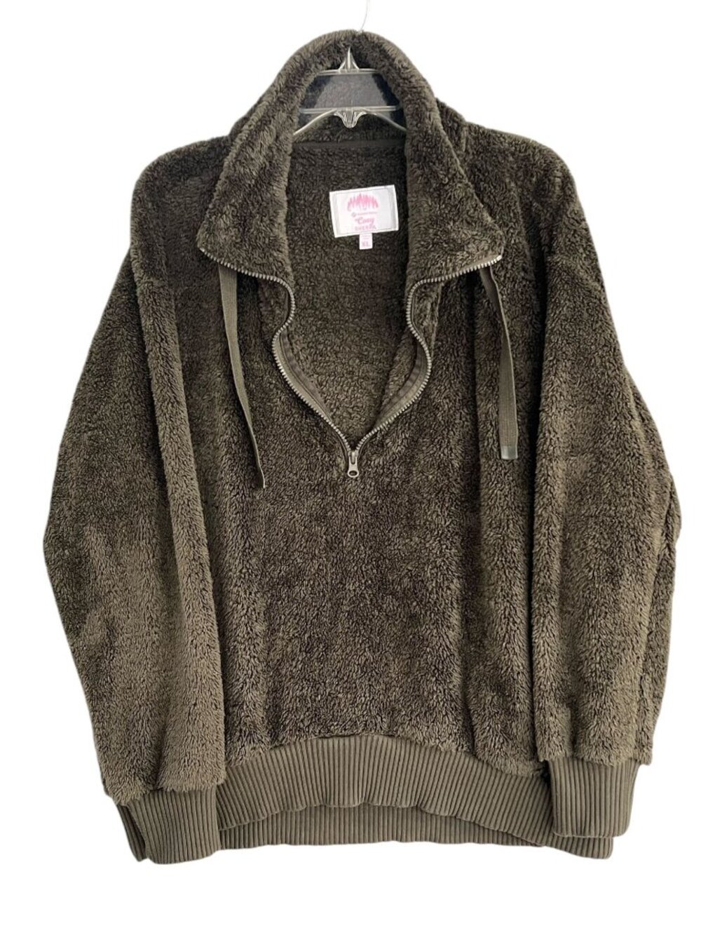 Vtg Members Mark Womens XL Cozy Faux Sherpa Pullover Olive Green Pockets 3/4 Zip - Picture 4 of 12